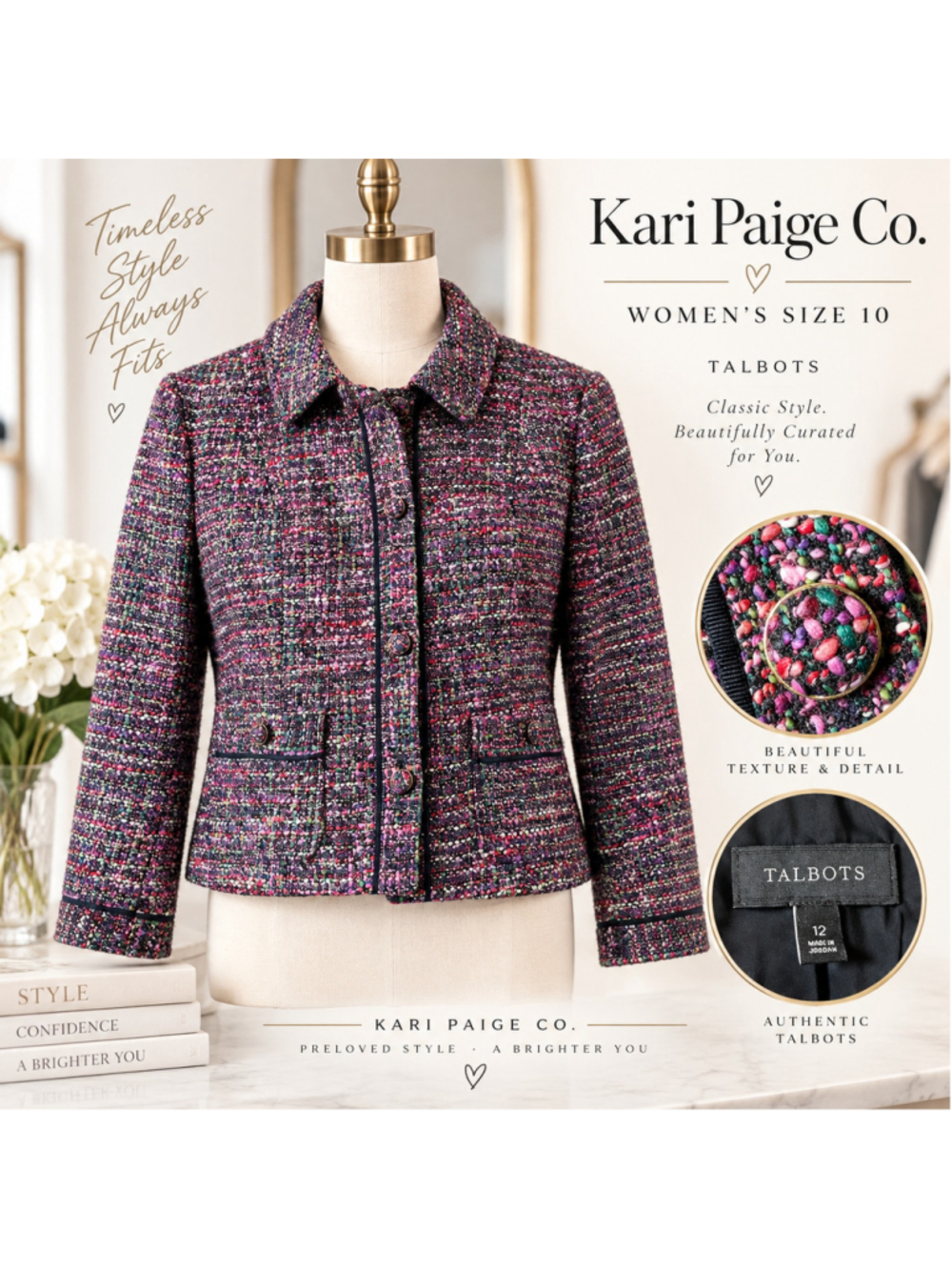 Women's Talbots Tweed Blazer Jacket Size 12 Multi-color Purple F26